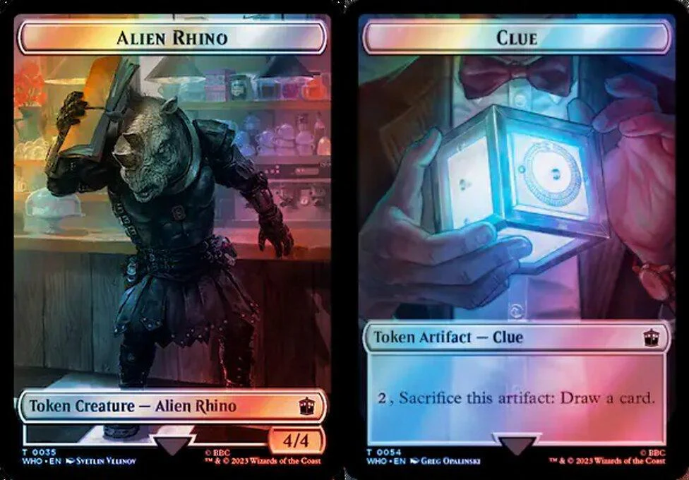 Alien Rhino (0035) // Clue (0054) Double-Sided Token (TWHO) - Surge Foil